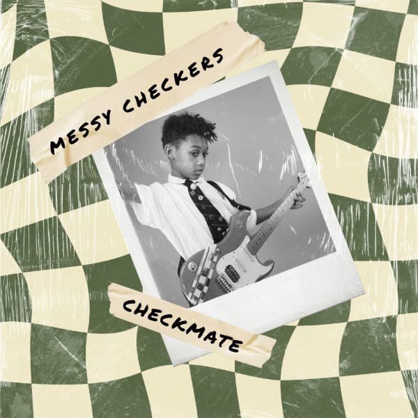 CHECKMATE artwork — a taped Polaroid of Arlo with a Stratocaster on a warped checkerboard