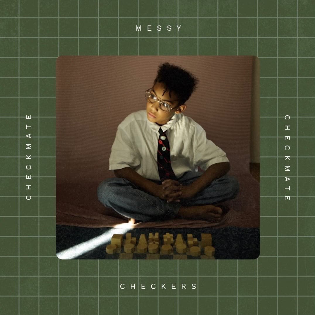 CHECKMATE artwork — Arlo cross-legged above a lit chessboard on a green grid
